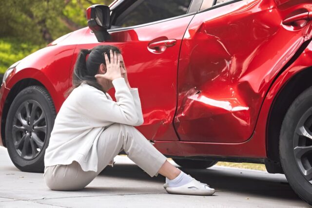 Car accident. Young Asian woman after car accident.
