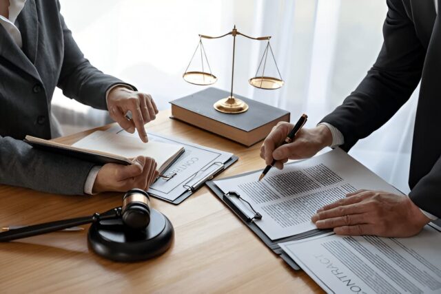 Lawyer reviews contract details for legal accuracy and joint financial agreements.