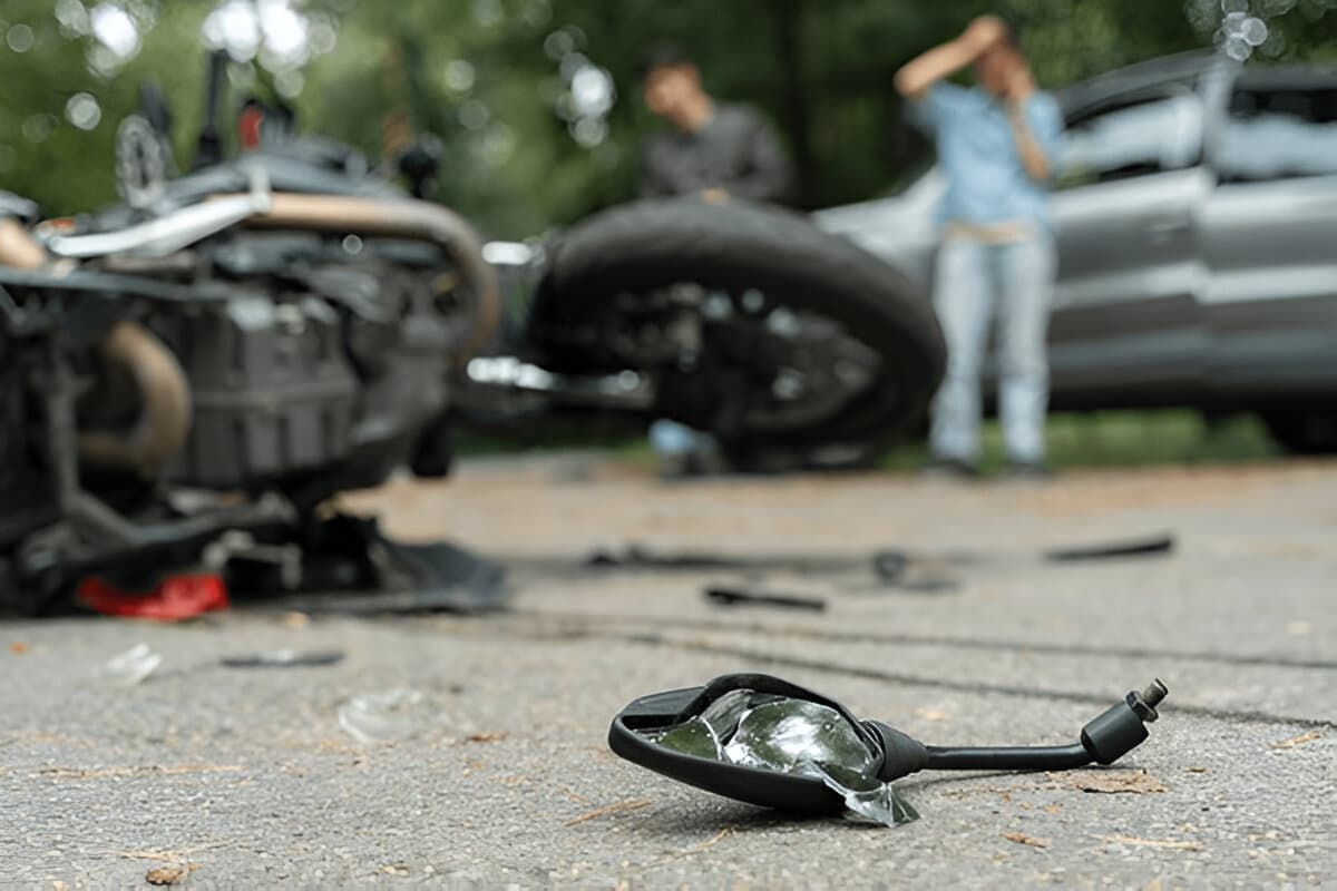Damaged motorbike and car on the city road at the scene of an accident. Broken and wrecked motorcycle on road|Biker signs insurance papers to collect repaired motorcycle at workshop.