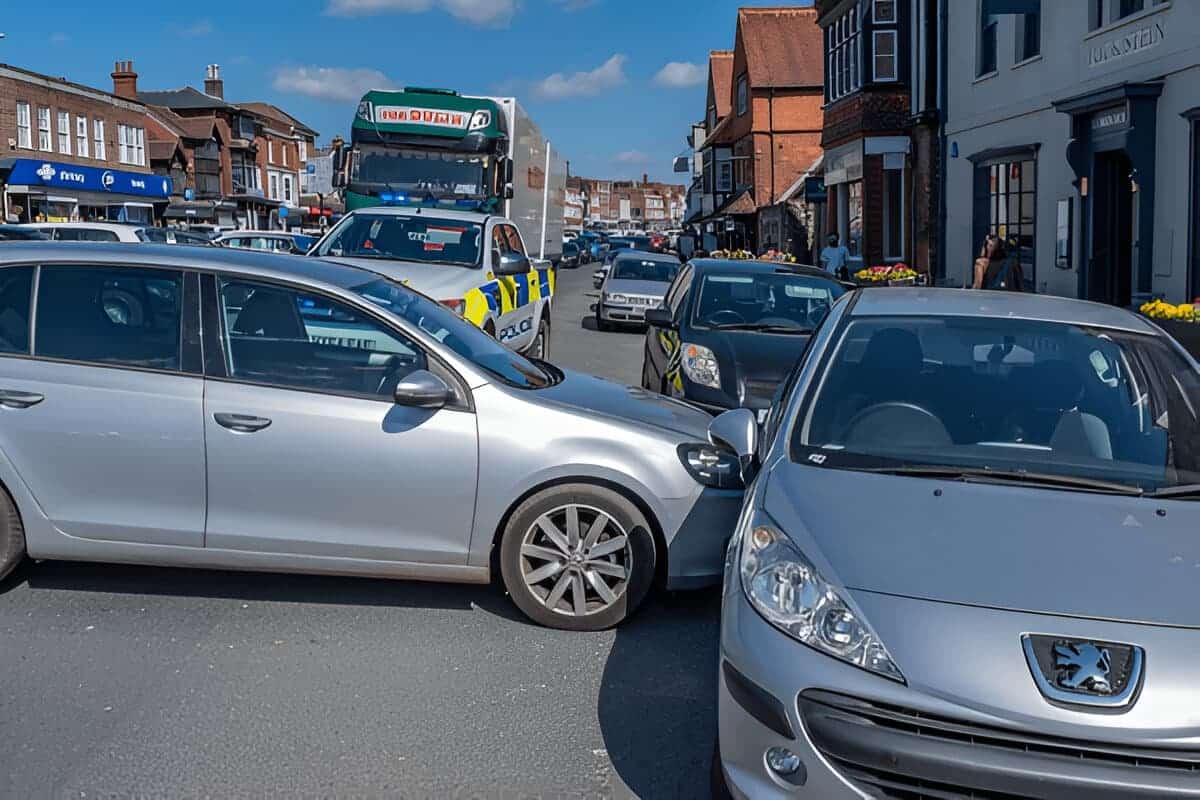 A close up of a runaway car that has blocked the one way system|Police are investigating a traffic accident involving a red Alfa Romeo sports car|Lawyer reviews contract details for legal accuracy and joint financial agreements.